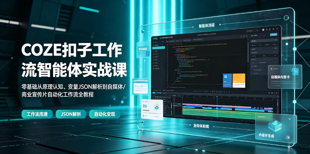COZE扣子工作流智能体实战课|零基础从原理认知、变量JSON解析到自媒体/商业宣传片自动化工作流全教程-网赚项目平台