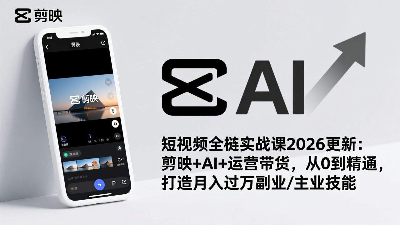 短视频全栈实战课2026更新：剪映+AI+运营带货，从0到精通，打造月入过万副业/主业技能-网赚项目平台
