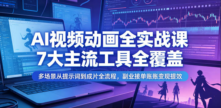 AI视频动画全实战课，7大主流工具全覆盖，多场景从提示词到成片全流程，副业接单账号变现提效-网赚项目平台