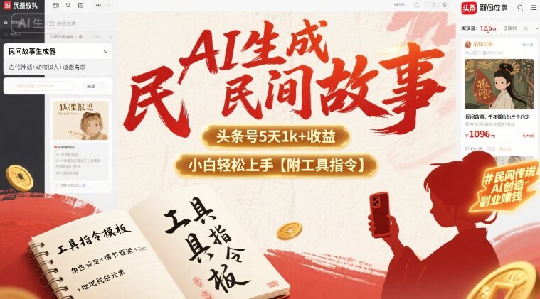AI生成民间故事，头条号5天1k+，小白轻松上手【附工具指令】-网赚项目平台