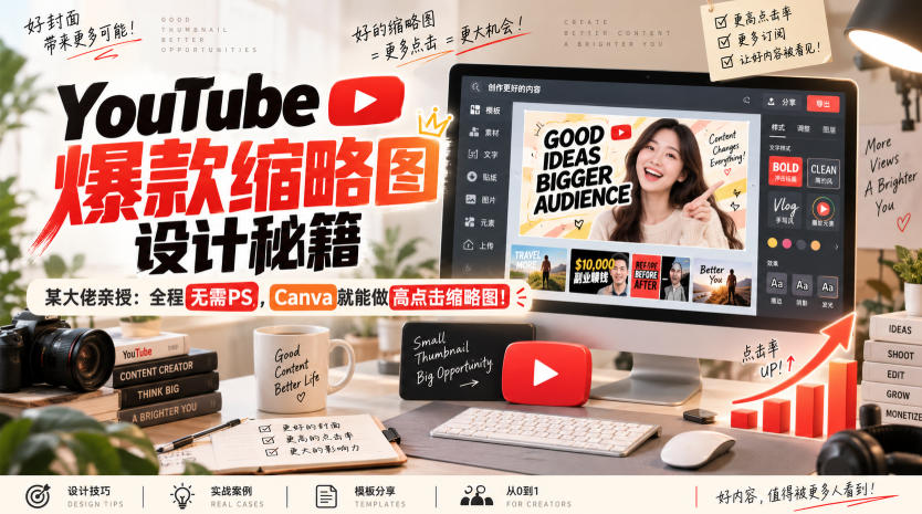 YouTube爆款缩略图设计秘籍,某油管大佬(610万订阅者)亲授,全程无需PS,Canva就能做高点击缩略图!【原创双语字幕】-网赚项目平台