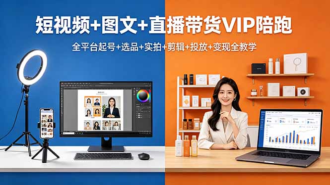 短视频+图文+直播带货VIP陪跑，全平台起号+选品+实拍+剪辑+投放+变现全教学-网赚项目平台