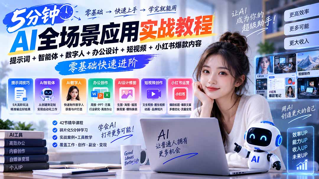 AI全场景应用实战教程｜提示词+智能体+数字人+办公设计+短视频+小红书爆款内容，零基础快速进阶-网赚项目平台