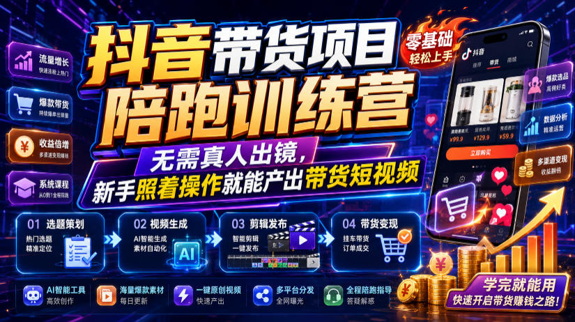 抖音带货项目陪跑训练营，无需真人出镜，新手照着操作就能产出带货短视频-网赚项目平台