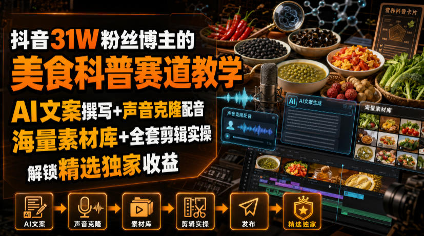 抖音31W粉丝博主的美食科普赛道教学，AI文案撰写+声音克隆配音+剪辑实操，解锁精选独家收益-网赚项目平台