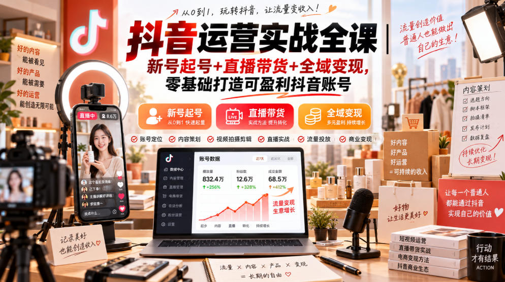 抖音运营实战全课｜新号起号+直播带货+全域变现，零基础打造可盈利抖音账号-网赚项目平台