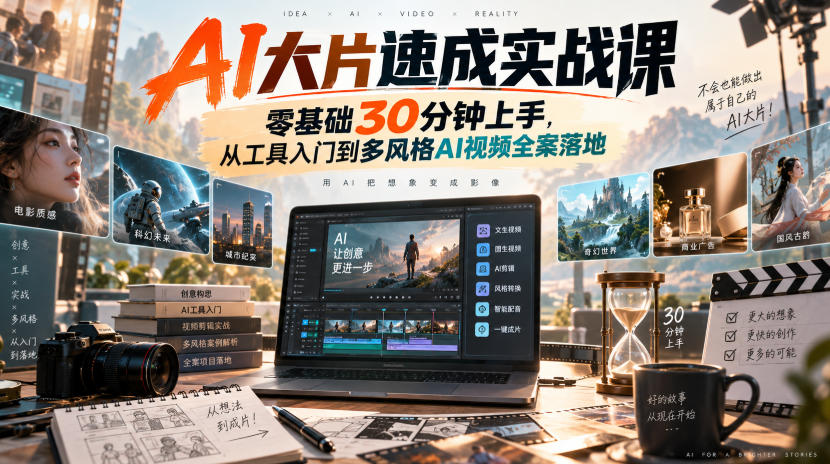 AI大片速成实战课|零基础30分钟上手,从工具入门到多风格AI视频全案落地-网赚项目平台