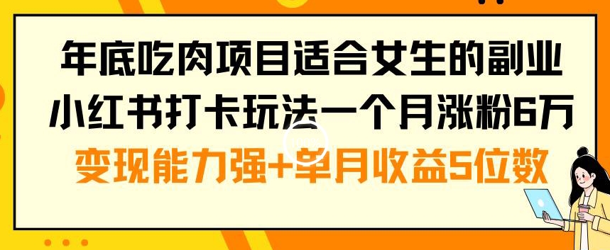 年底吃肉项目适合女生的副业小红书打卡玩法一个月涨粉6万+变现能力强+单月收益5位数【揭秘】-网赚项目平台