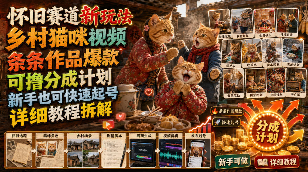 怀旧赛道新玩法，乡村猫咪视频，条条作品爆款，可撸分成计划，新手也可快速起号，详细教程拆解-网赚项目平台