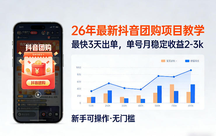 26年最新抖音团购项目教学，0门槛，最快3天出单，单号月稳定收益2-3k-网赚项目平台