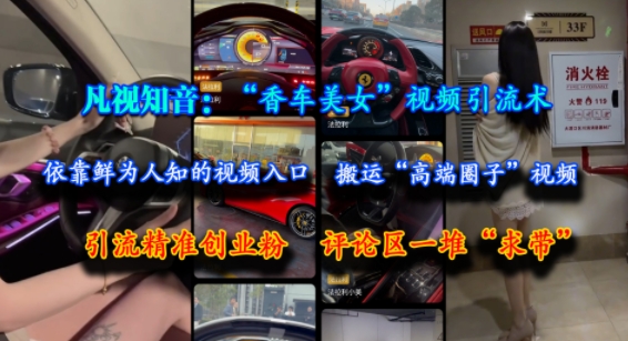 凡视知音：“香车美女”视频引流术，依靠鲜为人知的视频入口，搬运“高端圈子”视频，引流精准创业粉，评论区一堆“求带”-网赚项目平台
