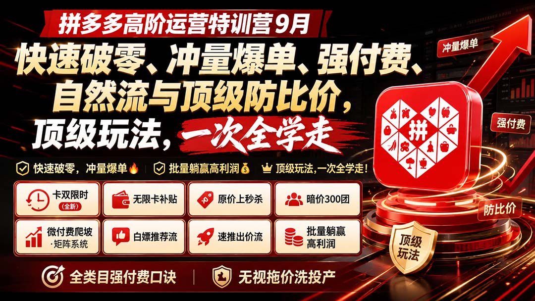 拼多多高阶运营特训营9月：快速破零、冲量爆单、强付费、自然流与顶级防比价， 顶级玩法，一次全学走-网赚项目平台
