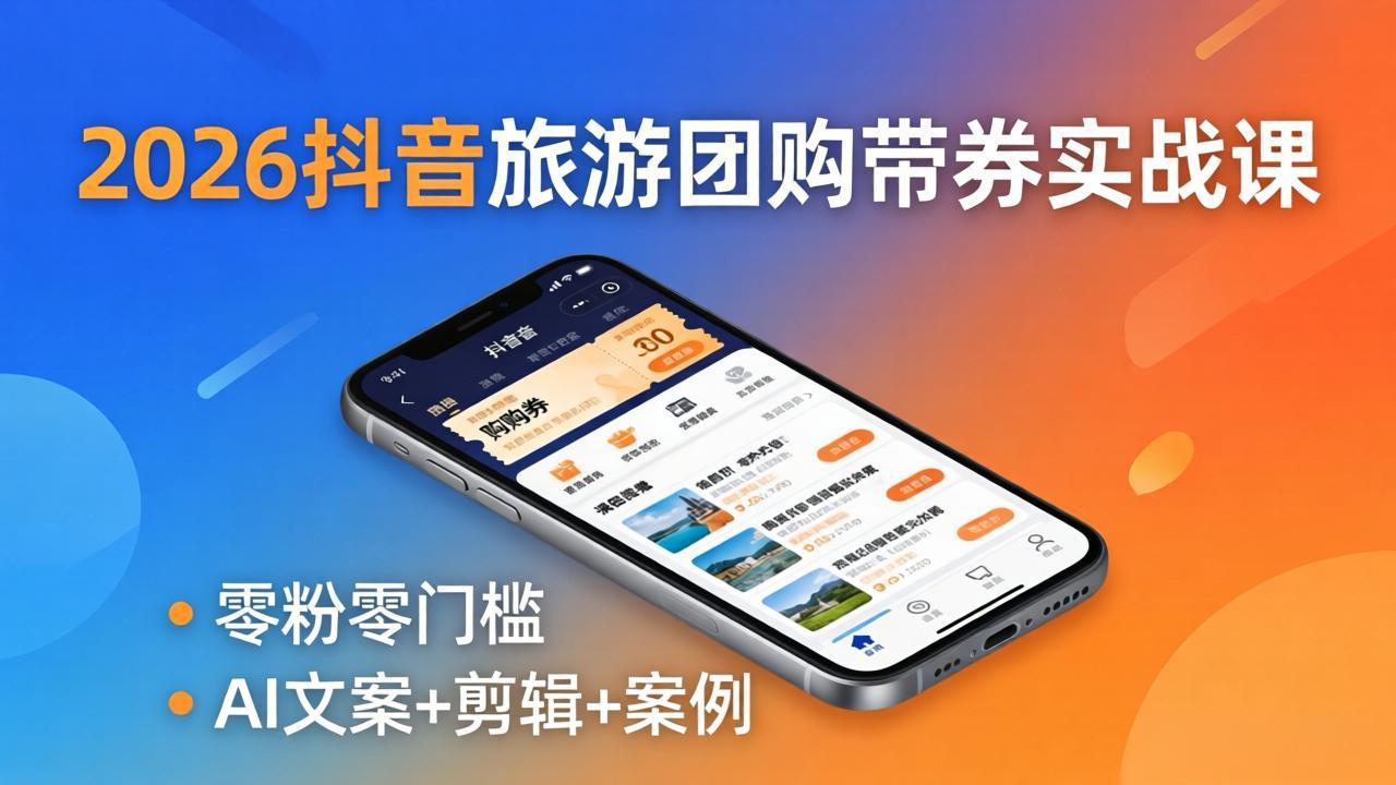 2026抖音旅游团购带券实战课：零粉零门槛，AI文案+剪辑+案例，躺着赚门票佣金-网赚项目平台