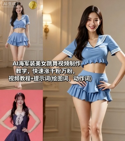 AI海军装美女跳舞视频制作教学,快速涨千粉万粉,视频教程+提示词(绘图词、动作词)-网赚项目平台