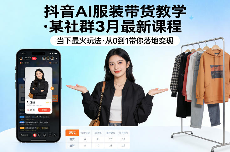 抖音AI服装带货教学，某社群3月最新课程，当下最火玩法，从0到1带你落地变现-网赚项目平台
