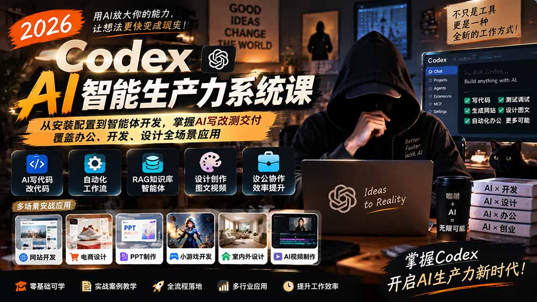 2026 Codex AI智能生产力系统课-更新|从安装配置到智能体开发,掌握AI写改测交付,覆盖办公、开发、设计全场景应用-网赚项目平台