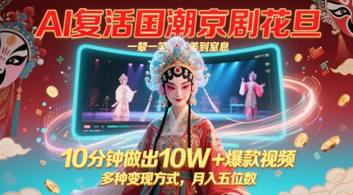 AI复活国潮京剧花旦，一颦一笑美到窒息，10分钟做出10W+爆款视频，多种变现方式，月入五位数-网赚项目平台