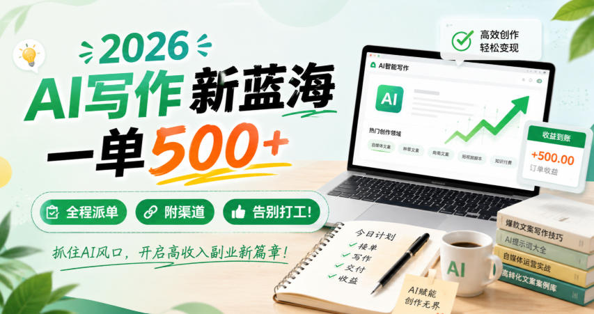 2026 AI写作新蓝海，一单500+，全程派单，附渠道，告别打工！【揭秘】-网赚项目平台