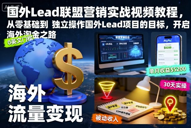 国外Lead联盟营销实战视频教程,从零基础到独立操作国外Lead项目的目标,开启海外淘金之路-网赚项目平台