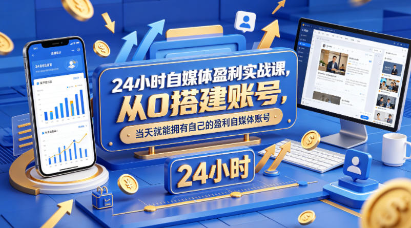 24小时自媒体盈利实战课，从0搭建账号，当天就能拥有自己的盈利自媒体账号-网赚项目平台