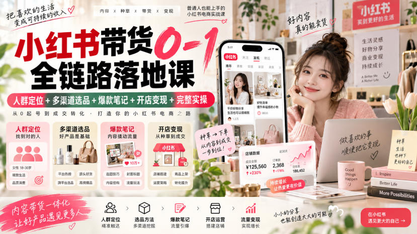 小红书带货0-1全链路落地课｜人群定位+多渠道选品+爆款笔记+开店变现完整实操-网赚项目平台