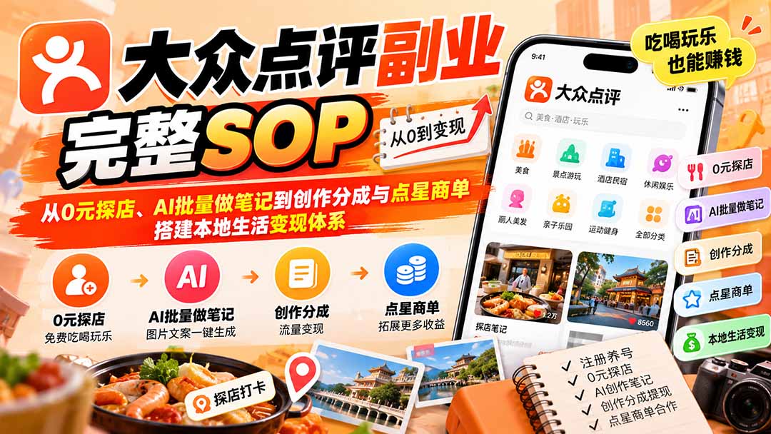 【无水印】大众点评副业完整SOP：从0元探店、AI批量做笔记到创作分成与点星商单，搭建本地生活变现体系-网赚项目平台