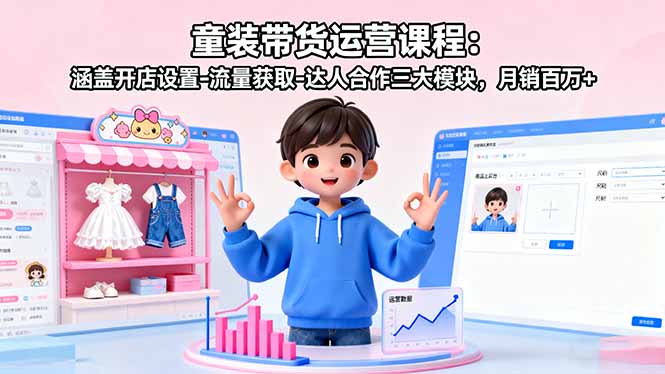 童装带货运营课程：涵盖开店设置-流量获取-达人合作三大模块，月销百万+-网赚项目平台