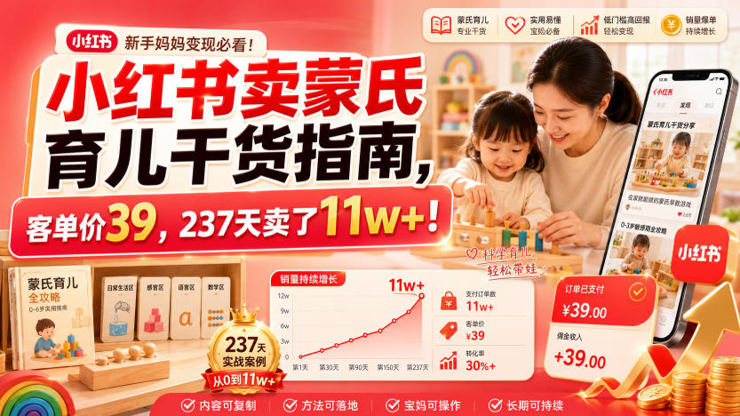 小红书卖蒙氏育儿干货指南，客单价39，237天卖了11w+！-网赚项目平台