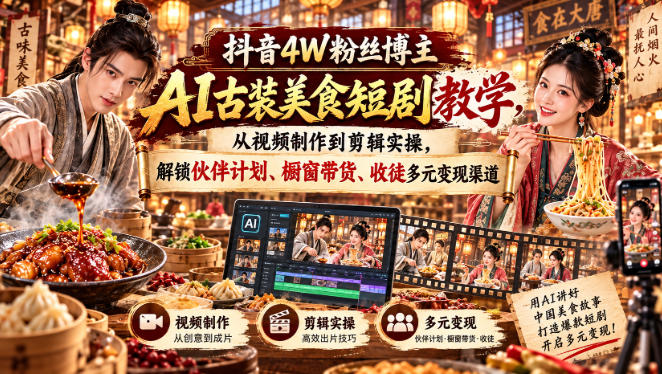 抖音4W粉丝博主AI古装美食短剧教学,从视频制作到剪辑实操,解锁伙伴计划、橱窗带货、收徒多元变现渠道-网赚项目平台