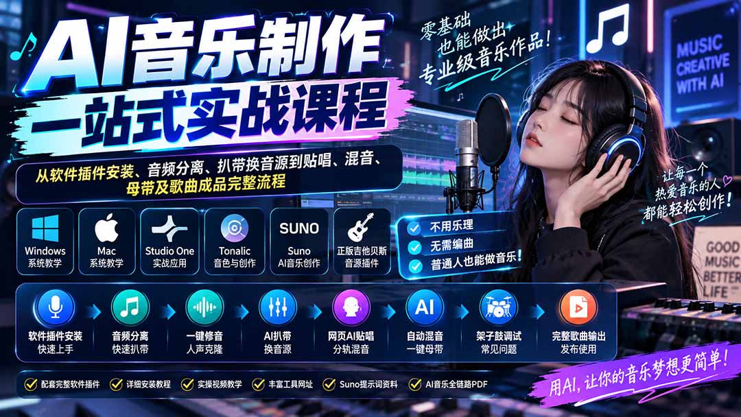 AI音乐制作一站式实战课程：从软件插件安装、音频分离、扒带换音源到贴唱、混音、母带及歌曲成品完整流程-网赚项目平台