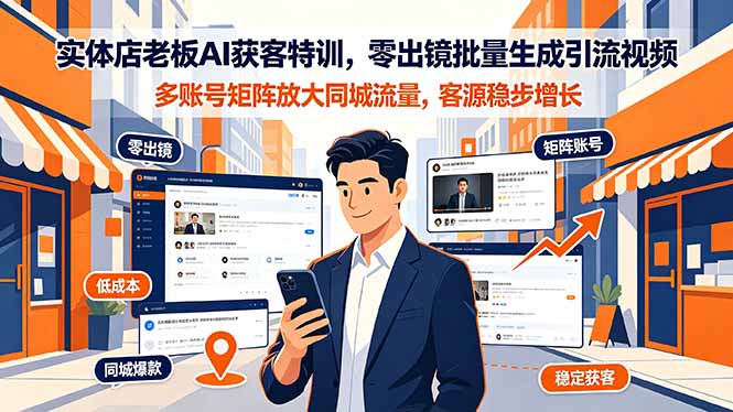 实体店老板AI获客特训,零出镜批量生成引流视频,多账号矩阵放大同城流量,客源稳步增长-网赚项目平台