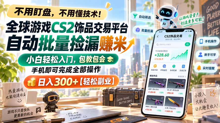 全球游戏CS2饰品交易平台自动批量捡漏赚米，小白轻松入门，包教包会，手机即可完成全部操作，日入300+【轻松副业】-网赚项目平台