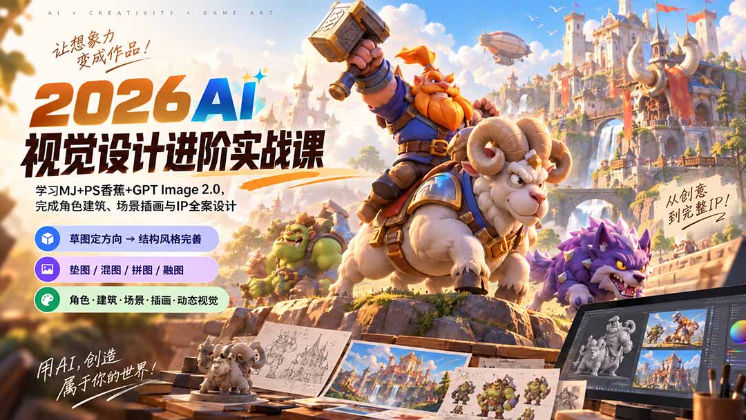 2026AI视觉设计进阶实战课-更新:学习MJ+PS香蕉+GPT Image 2.0,完成角色建筑、场景插画与IP全案设计-网赚项目平台