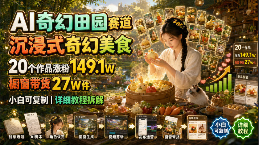 AI奇幻田园赛道，沉浸式奇幻美食，20个作品涨粉149.1W，橱窗带货27W件，小白可复制，详细教程拆解-网赚项目平台