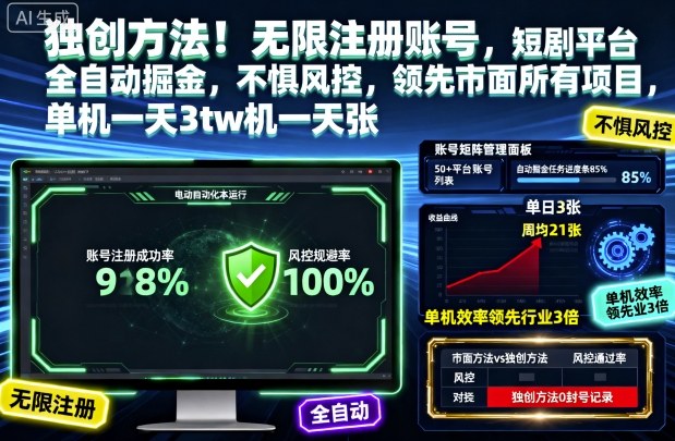 独创方法!无限注册账号,短剧平台全自动掘金,不惧风控,领先市面所有项目,单机一天3张【揭秘】-网赚项目平台