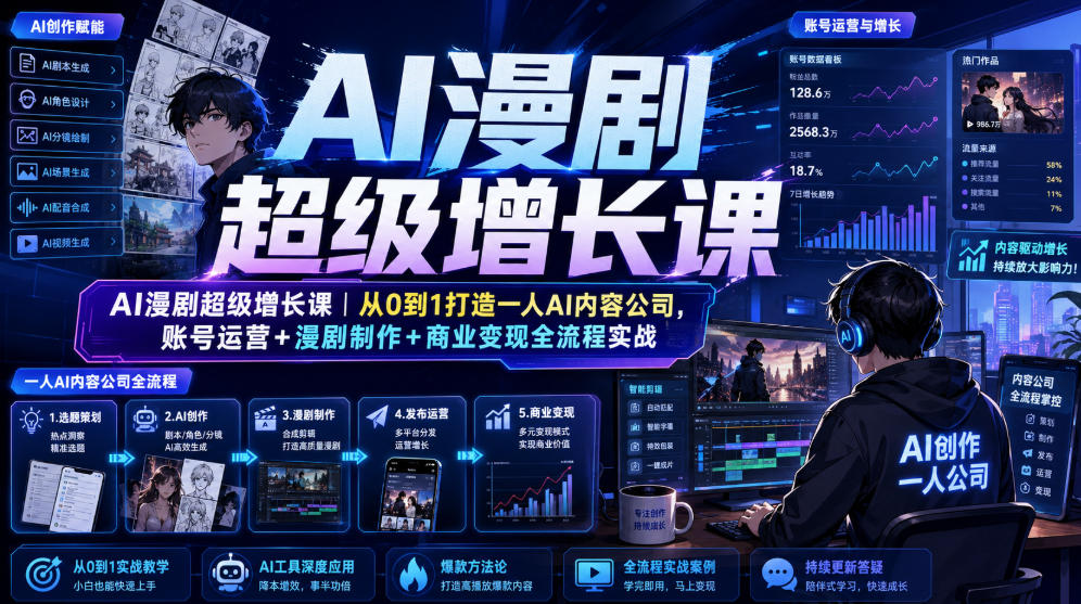 AI漫剧超级增长课｜从0到1打造一人AI内容公司，账号运营+漫剧制作+商业变现全流程实战-网赚项目平台