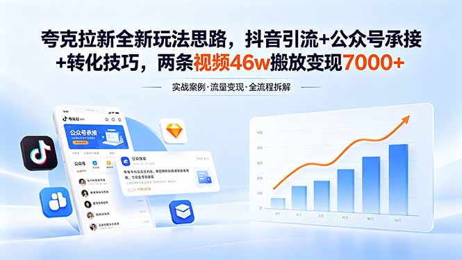 夸克拉新全新玩法思路，抖音引流+公众号承接+转化技巧，两条视频46w搬放 变现7000+-网赚项目平台