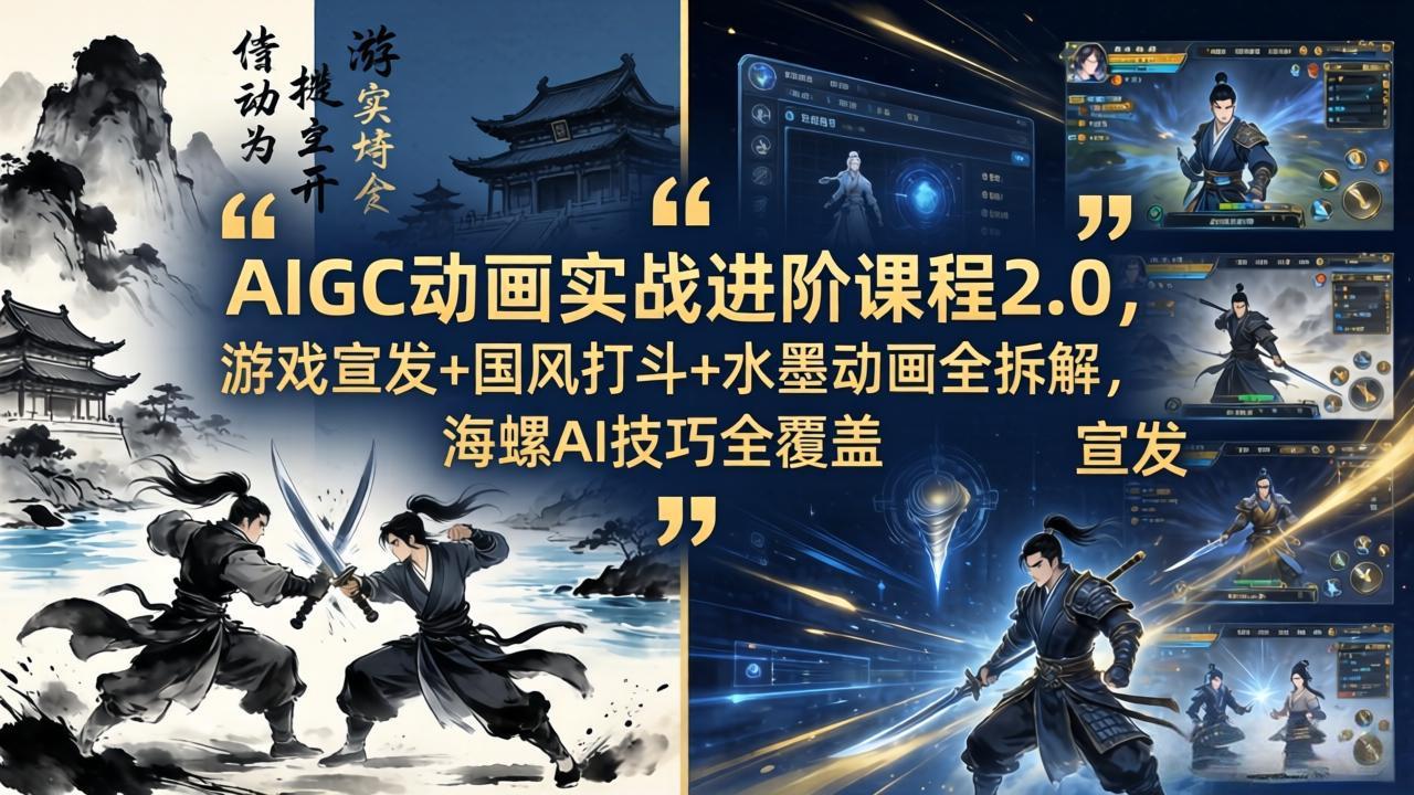 AIGC动画实战进阶课程2.0，游戏宣发+国风打斗+水墨动画全拆解，海螺AI技巧全覆盖-网赚项目平台