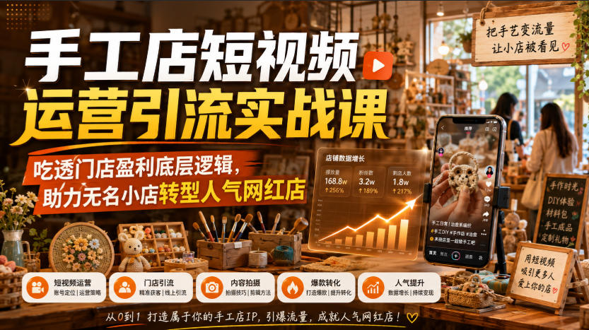 手工店短视频运营引流实战课，吃透门店盈利底层逻辑，助力无名小店转型人气网红店-网赚项目平台