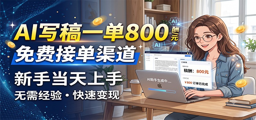 AI写稿一单800，免费接单渠道，一单一结几十到上千，新手当天上手-网赚项目平台
