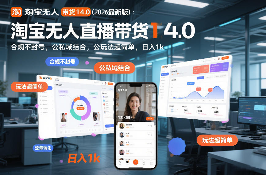 淘宝无人直播带货14.0(2026最新版)：合规不封号，公私域结合，玩法超简单，日入1k+【揭秘】-网赚项目平台