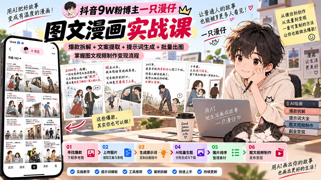 抖音9W粉博主一只漫仔图文漫画课：爆款拆解+文案提取+提示词生成+批量出图，掌握图文视频制作变现流程-网赚项目平台