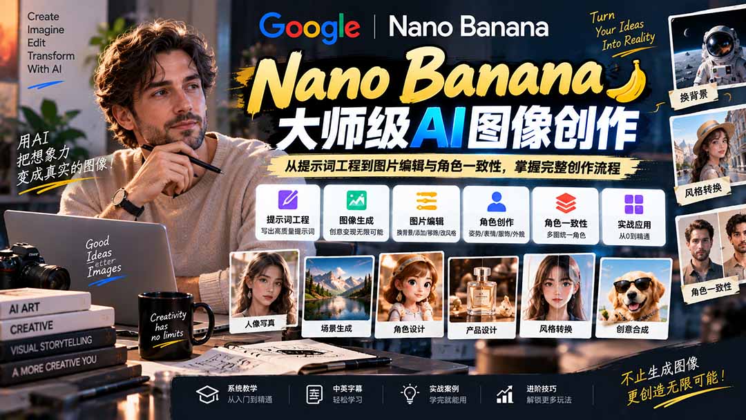 【无水印】Nano Banana大师级AI图像实战课：从提示词工程到图片编辑与角色一致性，掌握完整创作流程-网赚项目平台