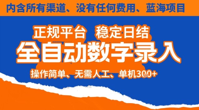 全自动数字录入,单机日入3张+,内含所有渠道全程免费零成本,操作简单可矩阵开干【揭秘】-网赚项目平台