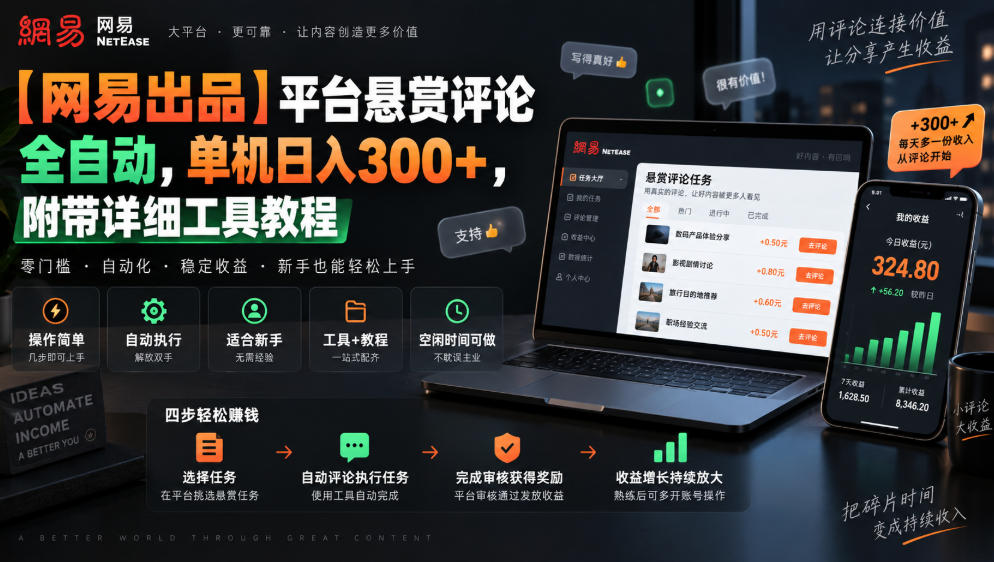 【网易出品】平台悬赏评论全自动，单机日入300+，附带详细工具教程【揭秘】-网赚项目平台