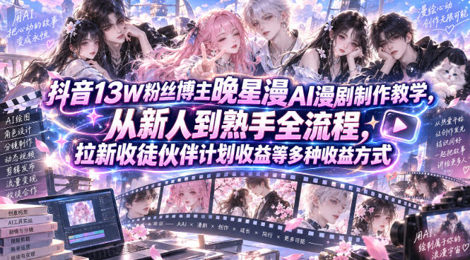 抖音13W粉丝博主晚星漫AI漫剧制作教学,从新人到熟手全流程,拉新收徒伙伴计划收益等多种收益方式,单日1K+-网赚项目平台