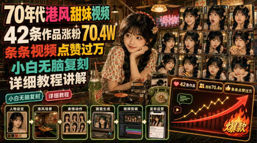 70年代港风甜妹视频,42条作品涨粉70.4W,条条视频点赞过万,小白无脑复刻,详细教程讲解-网赚项目平台