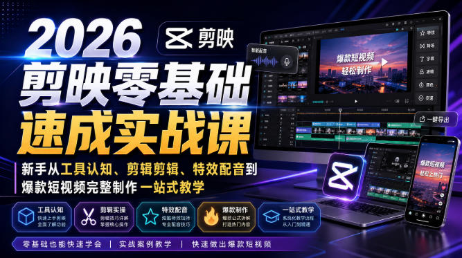 2026剪映零基础速成实战课｜新手从工具认知、剪辑剪辑、特效配音到爆款短视频完整制作一站式教学-网赚项目平台