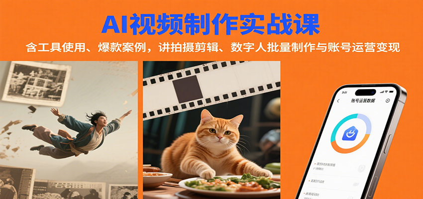 AI视频制作实战：含工具使用、爆款案例，讲拍摄剪辑、数字人批量制作与账号运营变现-网赚项目平台