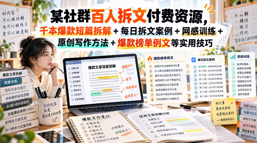某社群百人拆文付费资源,千本爆款短篇拆解+每日拆文案例+网感训练+原创写作方法+爆款榜单例文等实用技巧(持续更新)-网赚项目平台